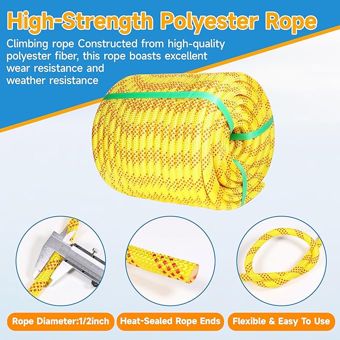 Rigging Rope 3/4in x 150 Ft Double Braided Polyester Rope Polyester Braided Arborist 48 Strands for Various Outdoor Applications Construction Climbing Swing Sailing (Yellow, 3/4X150FT)
