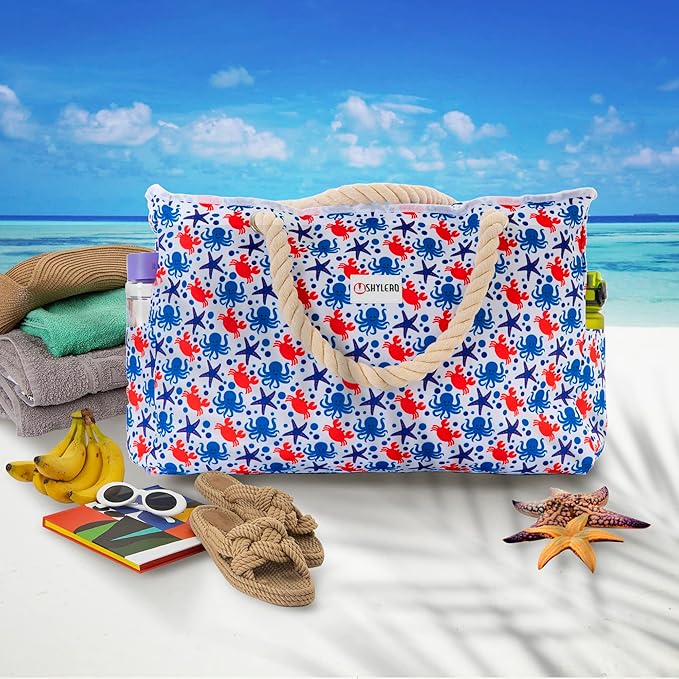 SHYLERO Beach Bag and Pool Bag. Has Airtight Pouch, Ton of Pockets. Beach Tote is Zippered, Water Resistant. Family Size