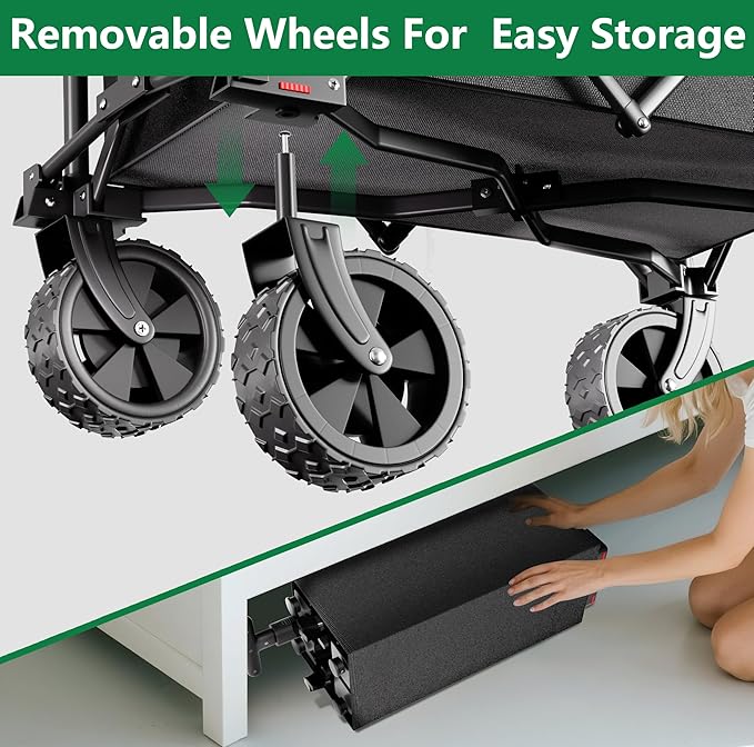 BEAU JARDIN Collapsible Folding Wagon Cart with Wheels Foldable Wagons Heavy Duty Utility Cart for Grocery Camping Garden Outdoor Fishing Sports Shopping Black