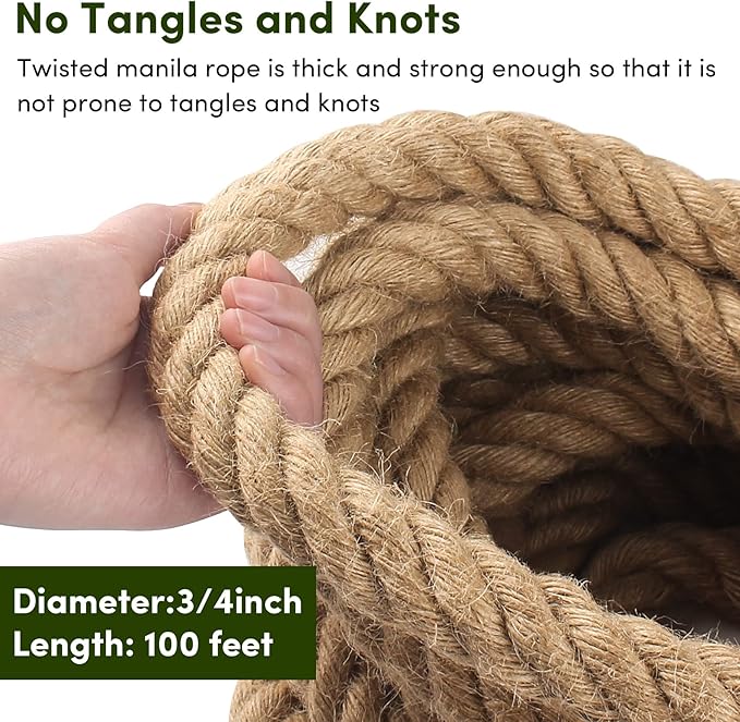 Manila Rope 3/4in x 100ft,Thick Natural Hemp Rope,Large Decorative Nautical Ropes,Twisted Manila Ropes Great for Gardening,Railings,Hammock Nautical