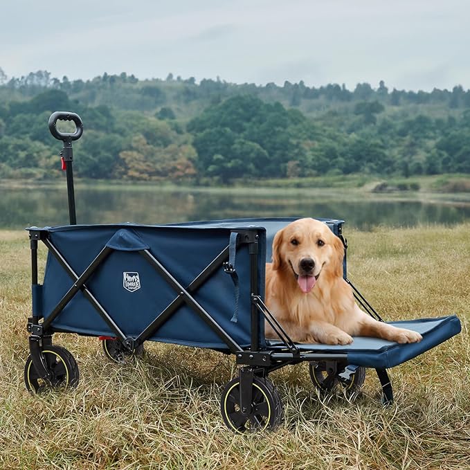 TIMBER RIDGE 49" Extra Long Collapsible Folding Wagon with Tailgate and Brakes, 300lbs Heavy Duty Foldable Wagon with Adjustable Handle, 250L Capacity Portable Cart for Outdoor Camping Sports, Blue