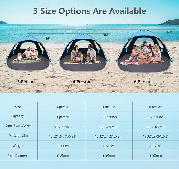 NXONE Beach Tent Sun Shade Shelter for 4 Person with UV Protection, Extended Floor, 3 Mesh Roll Up Windows & 8.5mm Fiberglass Rods丨Carry Bag Included (Dark Shelter-Ocean Blue)