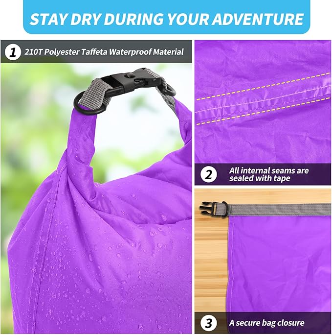 Dry Bag Set, Waterproof Small Lightweight Dry Bags for Paddle Board Kayaking, Fishing, Camping (Purple, 40L 2Pack)