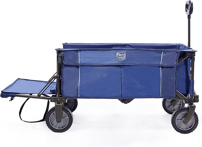 TIMBER RIDGE Tailgate Collapsible Folding Wagon Cart, Heavy Duty Utility Push Pull Beach Wagon Foldable, Outdoor Grocery Cart with Side Pockets for Camping, Garden, Shopping, Holds 225 lbs, Blue