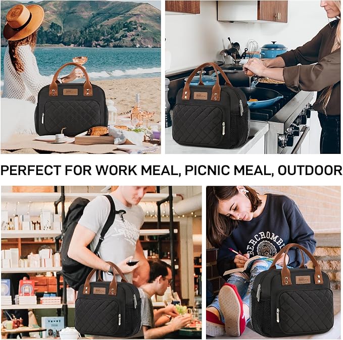 Buringer HOMESPON Lunch Bag for Woman Man Adults with Front Pocket Insulated Lunch Tote Lunch Box Container for Work Picnic or Travel (Black with Side Pockets)