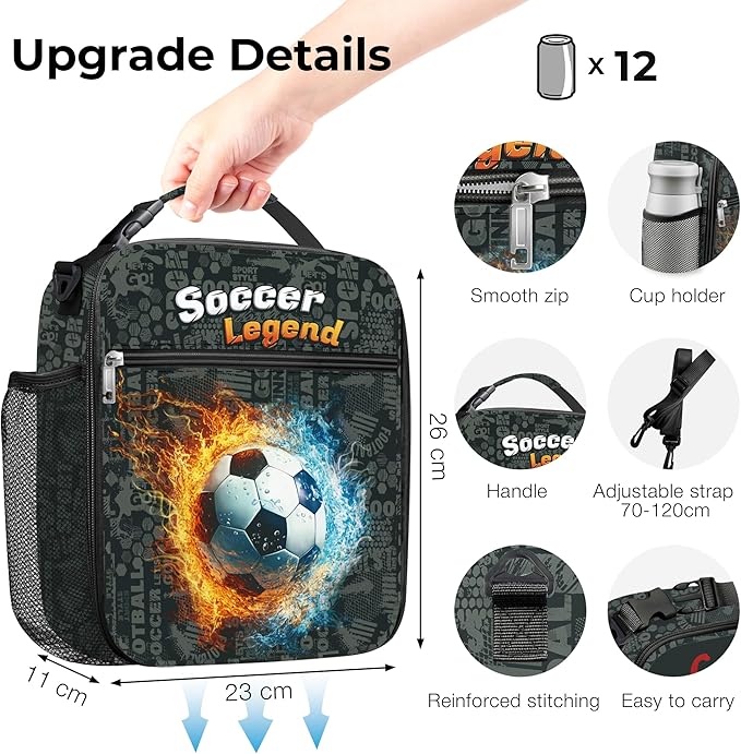 Clastyle 3D Insulated Kids Lunch Bag Large Thermal Cooler Bag for Boy Picnic School Lunch Box Tote,Fire Football