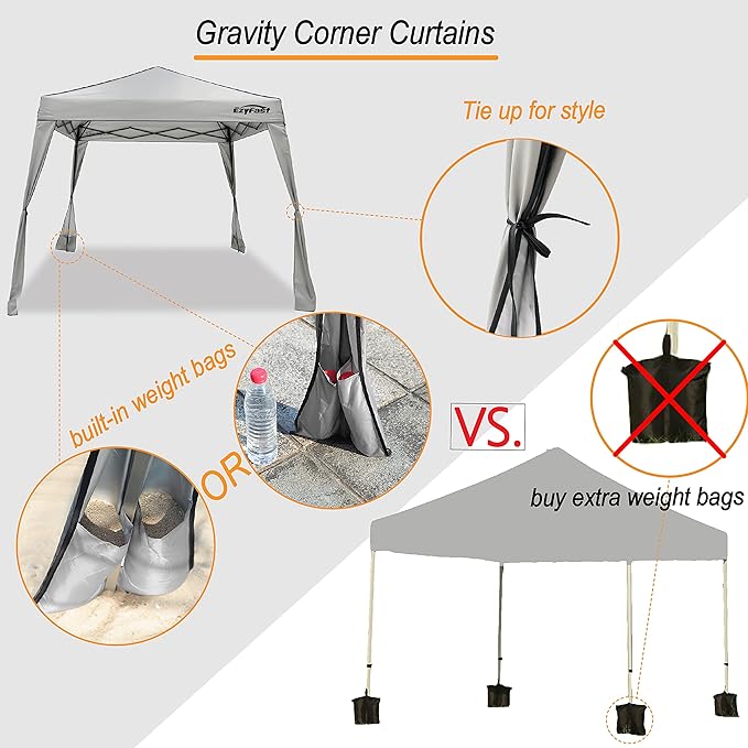EzyFast Pop Up Canopy Tent, One Person Setup Slant Leg Portable Shelter Gazebo, Patented Design with Built-in Weight Bags, 10' x 10' Base / 8' x 8' Top A Khaki