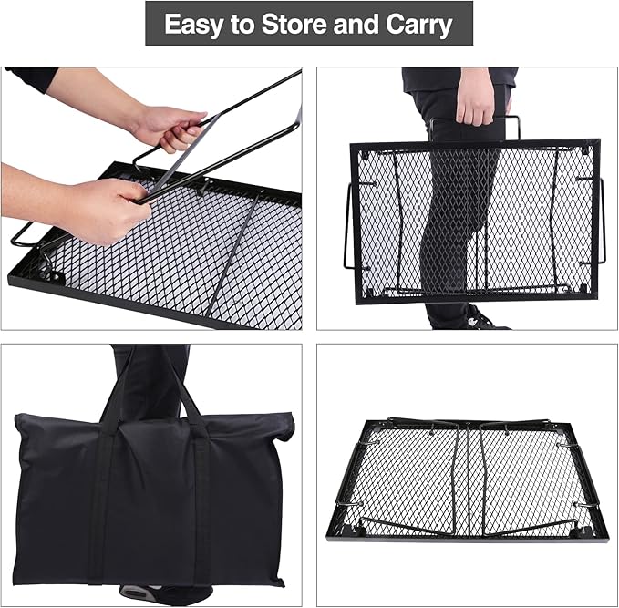 Folding Campfire Grill Grate, Portable Heavy Duty Steel Over Fire Camp Grill for Outdoor Camping Cooking Fire Pit, Black with 2 Heights