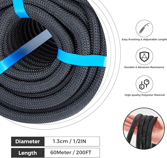 1/2 Inch 200ft Double Braided Polyester Arborist Rope, Heavy Duty Nylon Rope for Anchor, Tree Work, Cargo, Pulling, Sailing(Black)
