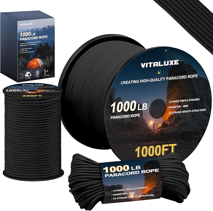 1000lb Paracord Rope, 4mm 12 Triple Strands Paracord, Heavy Duty Tactical Parachute Cord for Survival Gear, Camping, Hiking, and Ideal for Bracelets, Lanyards, Type III