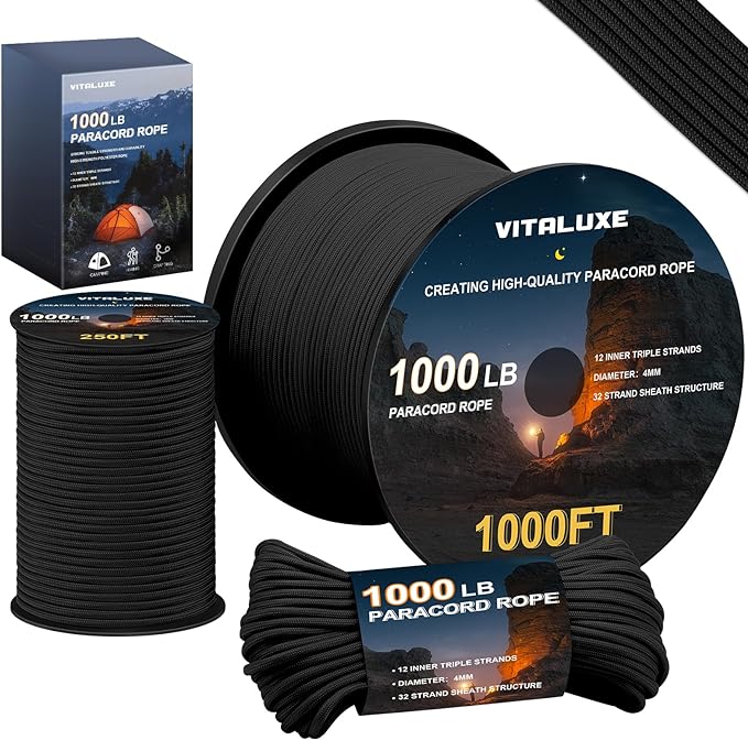 1000lb Paracord Rope, 4mm 12 Triple Strands Paracord, Heavy Duty Tactical Parachute Cord for Survival Gear, Camping, Hiking, and Ideal for Bracelets, Lanyards, Type III