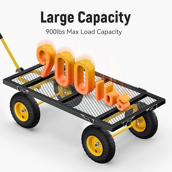 Steel Garden Cart, 2-in-1 900 lbs Heavy Duty Utility Wagon, with Removable Mesh Sides to Convert into Flatbed, 240° U-Turn 10" Pneumatic Tires Garden Wagon for Farm Yard Lawn Garden Camping