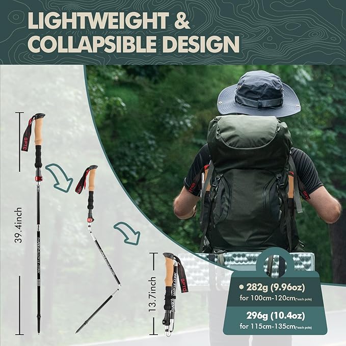 GPTCAMP Nordic Walking Stick, TPZ-1, 2pc Folding Collapsible Hiking Poles with Metal Quick Lock, Cork Handle, Lightweight 7075 Aluminum Trekking Poles for Seniors Women Men Hiking Gear