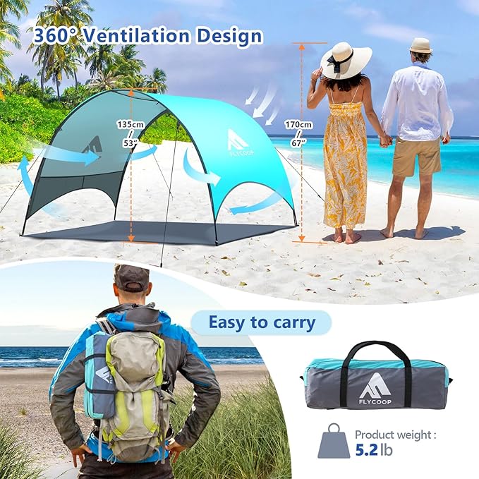 Beach Tent - Beach Shade Canopy Compact Fold (16.9x3.9″), Own Patent, 360° Ventilation, Large Side Storage Pocket, UV Protection Portable Sun Shelter for Beach (Green, 90.5 * 59 * 53″)
