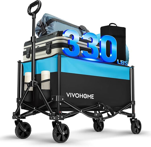 VIVOHOME Collapsible Wagon Carts, 330lbs 170L Utility Heavy Duty Foldable Wagons with Universal Wheels, Cup Holders & Side Pocket, Adjustable Handle, for Camping, Garden, Sports, Picnic, Shopping