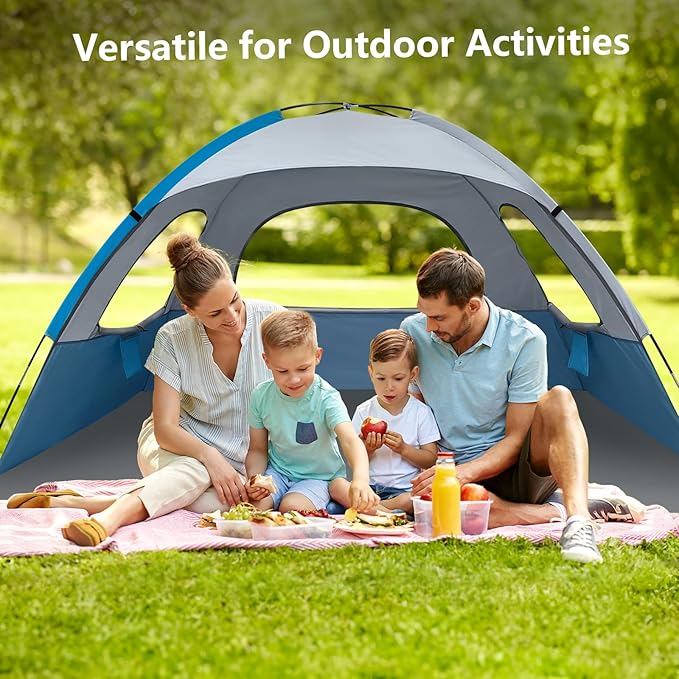 NXONE Beach Tent Sun Shade Shelter for 6 Person with UV Protection, Extended Floor, 3 Mesh Roll Up Windows & 8.5mm Fiberglass Rods丨Carry Bag Included (Blue White)