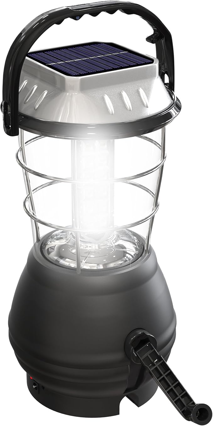 Dynamo Hand Crank Solar Powered Lantern - Battery-Operated or Rechargeable LED Light with Adjustable Settings for Camping by Whetstone (Black)
