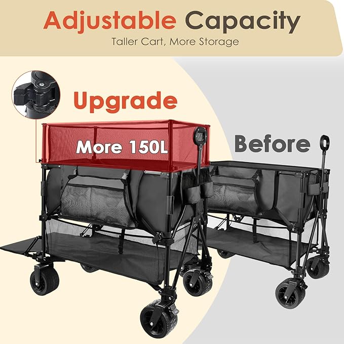HOPERAN 550L XXL Wagons Carts Foldable, 54" Extra Length & Height Double Deck Collapsible Wagon Cart with Tailgate, 8" Big All-Terrain Wheels, 550lbs Load Utility Grocery Cart for Camping,Sports,Beach