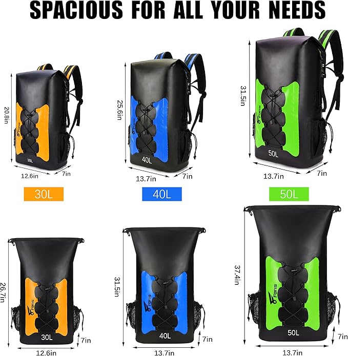 8 Fans Waterproof Backpack 30L,Floating Dry Bag with Phone Case,Roll Top Closure Waterproof Bag for Kayak Boating Sailing Canoeing Rafting Fishing Camping Orange