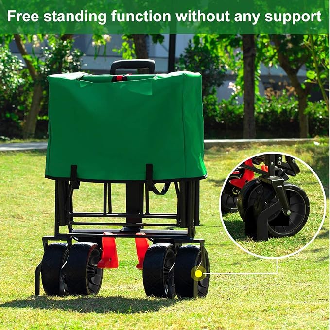 BEAU JARDIN Collapsible Foldable Push Pull Folding Beach Wagon 350lbs Heavy Duty Utility Camping Grocery Garden Sport Shopping Wagon Cart with All Terrain Big Sand Wheels and Brakes Green