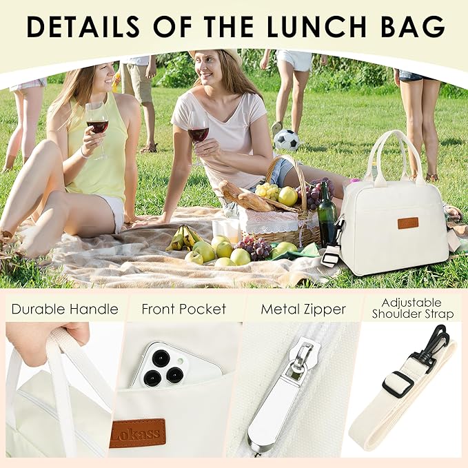 LOKASS Lunch Bag for Women-Insulated Adults Lunch Box with Front Pocket- Small Cute Lunch Tote for Work-Reusable Cooler Bag for Office Picnic Beach or Travel（White）