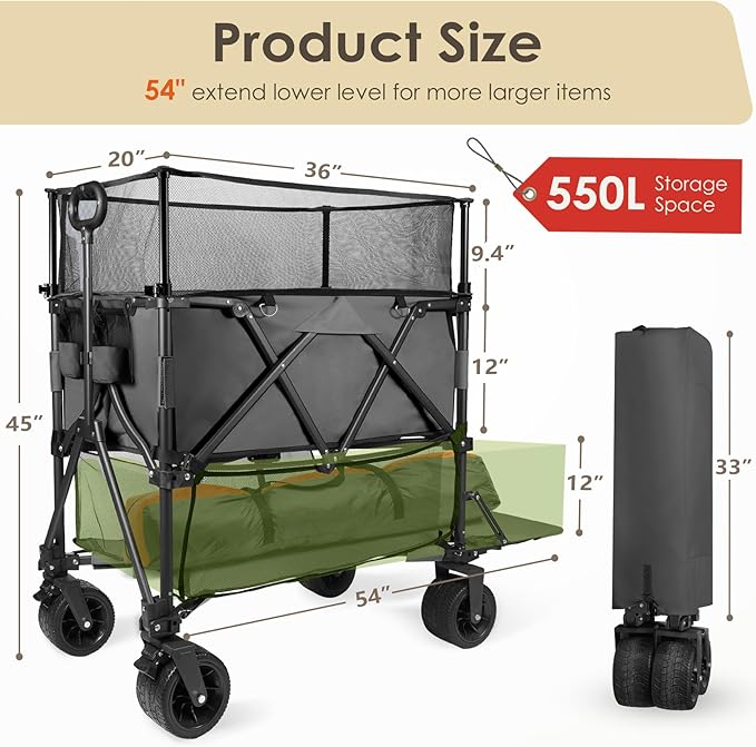 HOPERAN 550L XXL Wagons Carts Foldable, 54" Extra Length & Height Double Deck Collapsible Wagon Cart with Tailgate, 8" Big All-Terrain Wheels, 550lbs Load Utility Grocery Cart for Camping,Sports,Beach