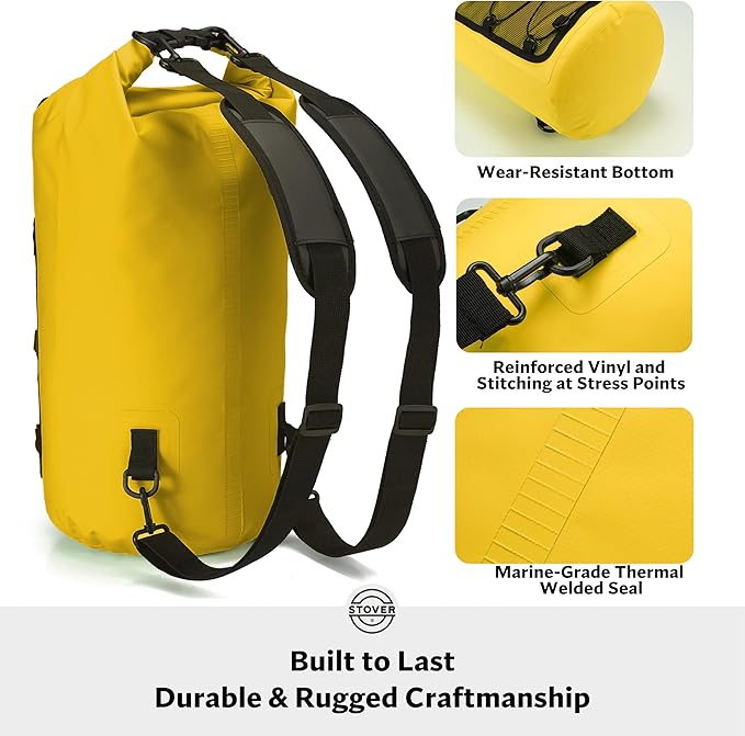 STOVER 5/10/25/30/40/55L Waterproof Dry Backpack- Medium Floating Dry Bag for Kayaking, Travel, Tubing, Hiking, Fishing, Camping, Motorcycles & Beach, Heavy-Duty Roll Top Men/Women (Yellow)