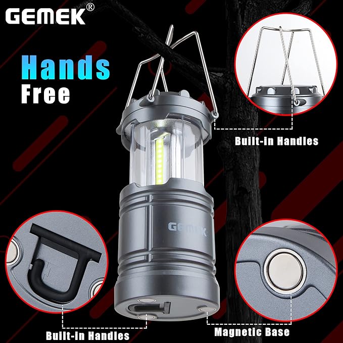 GEMEK Camping Lantern, 2 Portable LED Battery Powered Lantern with Magnetic Base & Foldable Hanging Hook- Collapsible Lamp Perfect for Power Outages, Hiking, Campsites, Roadside Car Repair (Gray)