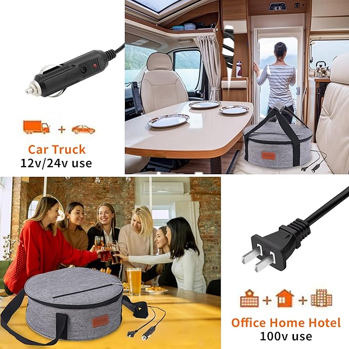 Round Food Warmer Electric Casserole Carrier - Large Heated Lunch Bag for Car Truck, 12V/24V/110V, Thermos for hot food for Potluck Cookouts Parties Picnic,Pie Carrier Bag