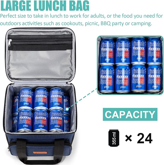 Insulated Lunch Bag for Women/Men - Reusable Lunch Box for Office Work School Picnic Beach - Leakproof Cooler Tote Bag Freezable Lunch Bag with Adjustable Shoulder Strap for Kids/Adult - Navy Blue