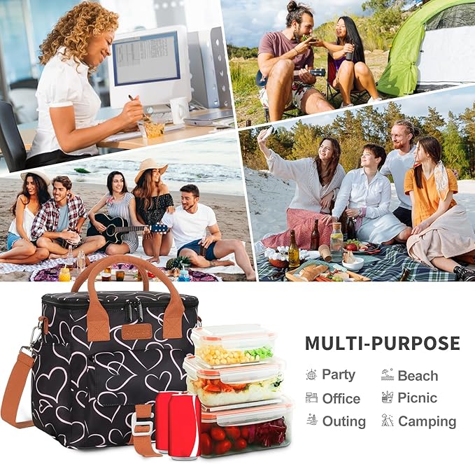 Joymee Large Insulated Lunch Bag for Women Adults, Reusable Waterproof Lunch Box for Work Picnic Camping, Small Lunch Cooler Leakproof Tote with Side Pocket Adjustable Shoulder Strap - Love Heart