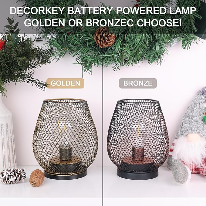 DECORKEY Set of 6 Battery Operated Lamp LED Table Lantern, Golden Metal Cage Cordless Lamps with LED Bulb, Vintage Decorative Outdoor Lantern for Weddings, Party, Patio, Events for Indoors Shelf Decor
