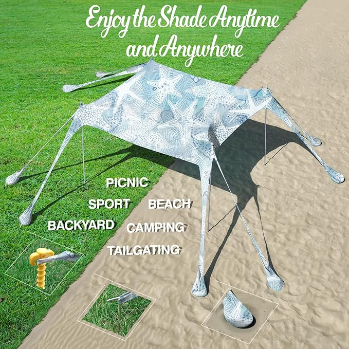 Rhino Valley Beach Tent Sun Shelter, 10x10FT Beach Canopy Tent Sun Shade UPF50+ Protection with 8 Sandbags 4 Stability Poles, Outdoor Beach Shade Canopy 6-8 People for Beach Camping Fishing
