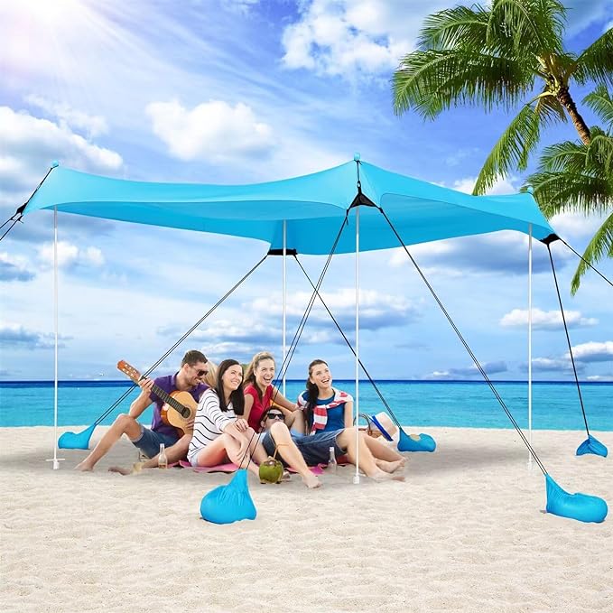 Beach Canopy Tent Sun Shade - Uboway UPF50+ Protection Sun Shelter with 4-8 Sandbags, Includes Stability Poles and Big Ground Pegs, Toldo de Playa 10X10FT, Pop Up Tent for Beach or Camping, Blue