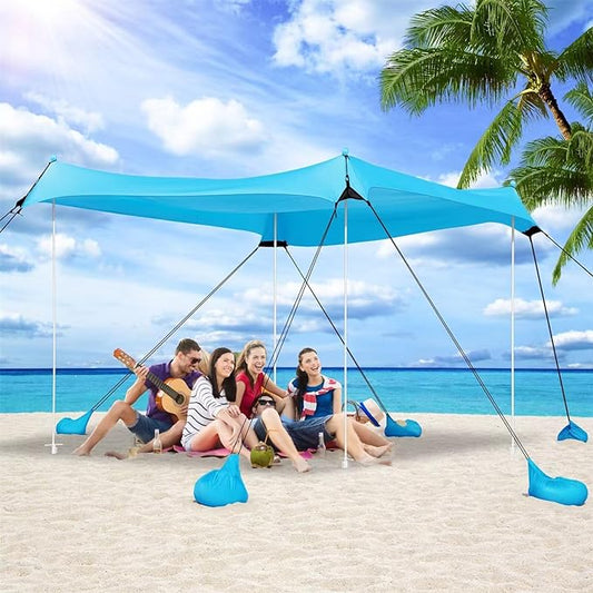 Beach Canopy Tent Sun Shade - Uboway UPF50+ Protection Sun Shelter with 4-8 Sandbags, Includes Stability Poles and Big Ground Pegs, Toldo de Playa 10X10FT, Pop Up Tent for Beach or Camping, Blue