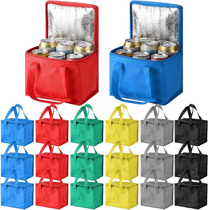 Lallisa 24 Pack Insulated Lunch Bags Bulk Reusable Leakproof Waterproof Thermal Cooler Bags Insulated Beverage Box for Office Picnic Snack Women Men(Black, Red, Blue, Gray, Green, Yellow)
