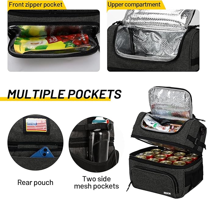 MIER Dual Compartment Lunch Bag Tote with Shoulder Strap for Men and Women Insulated Leakproof Cooler Bag, Dark Grey