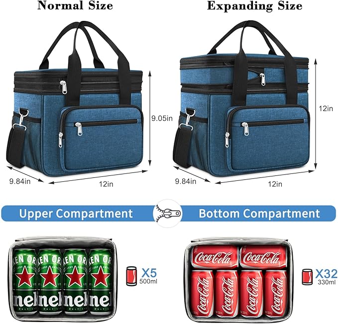 23L Extra Large Expandable Insulated Cooler Lunch Box for Men Double Deck Leakproof Heavy Duty Lunch Bag with 4 Ice packs&2 Snack Bags for Adult/Construction/Women/Work/Picnic/Camping - Blue