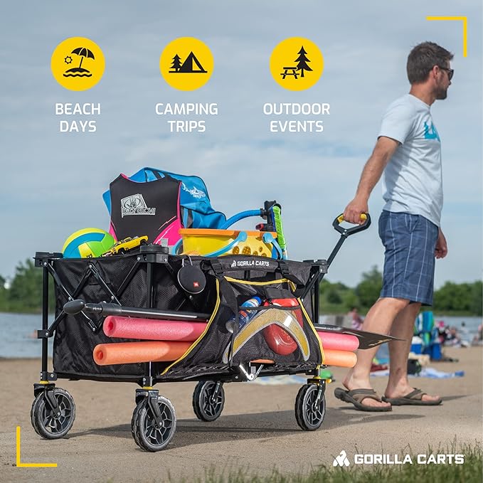 Gorilla Carts Collapsible Folding Utility Wagon Cart w/Oversized Bed, 7 Cu Ft, Black - 150 lb Capacity Outdoor Wheelbarrow w/Zipper Pockets & Built-in Cup Holders for Beach, Camping & Picnic