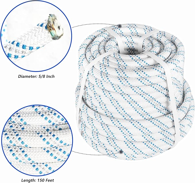 High Strength Braid Rope Pulling Cord Polyester Arborist Line Multipurpose Bull Rigging 5/8 Inch x 150 Feet White Grey Blue