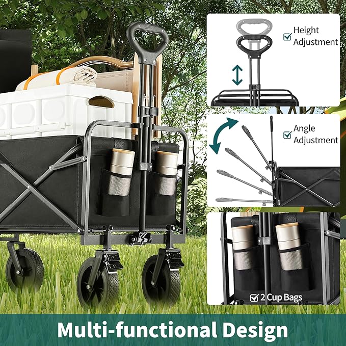 Collapsible Wagon Cart Foldable, 35" L Folding Beach Wagon with All-Terrain Wheels, Heavy Duty Shopping Cart with 350lbs Large Capacity, Portable Camping Wagons Carts for Grocery Garden, Black