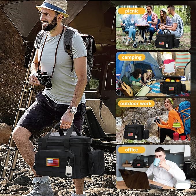 Tactical Lunch Box for Men, Insulated Lunch Bag MOLLE Webbing Leakproof, Cooler Large Lunchbox Women Adult with Adjustable Shoulder Strap Durable, Construction Heavy Duty Lunch Pail, Black