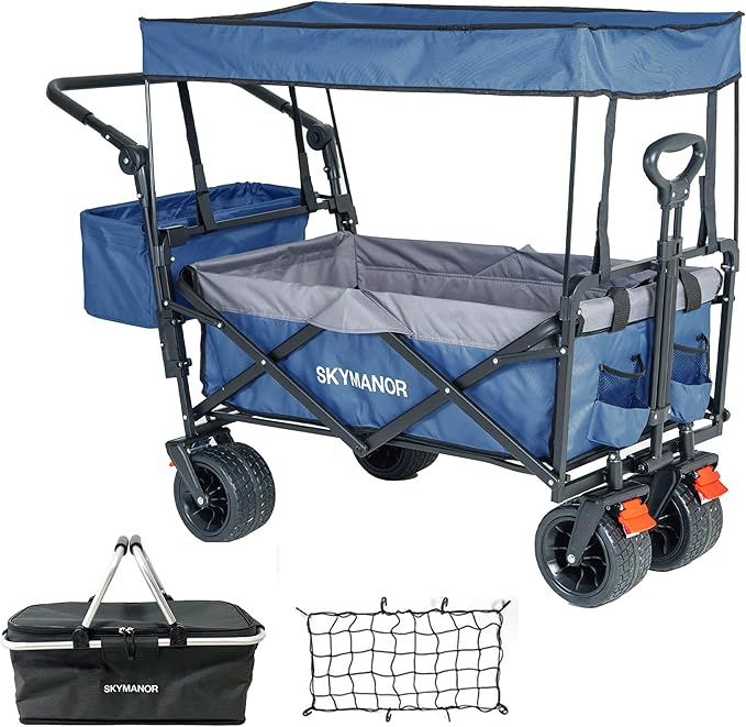 Collapsible Wagon Folding Garden Cart with Removable Canopy Utility Heavy Duty Wagon Cart with All-Terrain Wheel Storage 4 Brake for Camping Shopping (Upgraded Canopy-Gray-Blue Splicing)