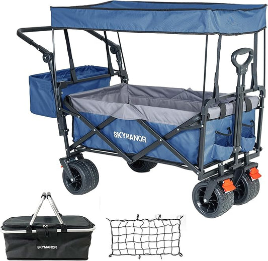Collapsible Wagon Folding Garden Cart with Removable Canopy Utility Heavy Duty Wagon Cart with All-Terrain Wheel Storage 4 Brake for Camping Shopping (Upgraded Canopy-Gray-Blue Splicing)