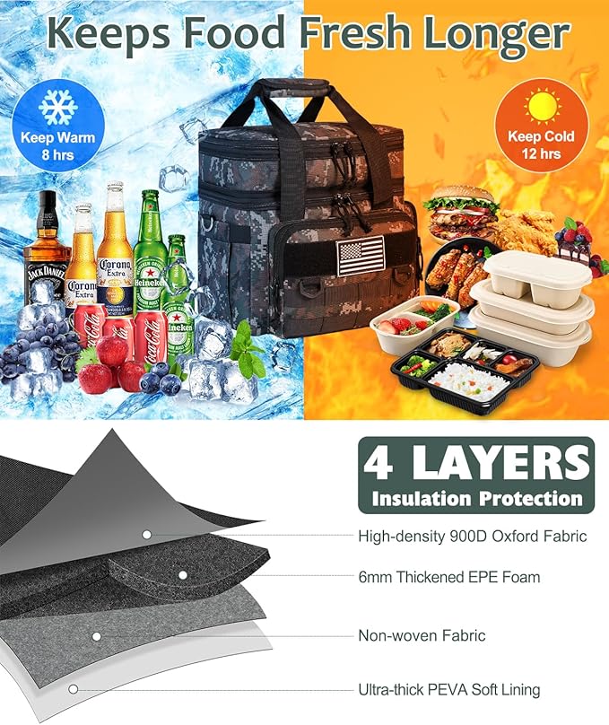 Tactical Lunch Box for Men, Expandable Large Insulated Lunch Bag for Adult, Heavy Duty Double Deck Lunch Cooler Bag with Shoulder Strap Leakproof Waterproof Lunch Tote for Travel Office - Green Camo