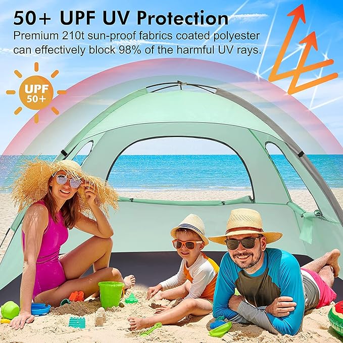 WhiteFang Beach Tent Anti-UV Portable Sun Shade Shelter for 3/4/6/8 Person, Extendable Floor with 3 Ventilating Mesh Windows Plus Carrying Bag, Stakes and Guy Lines