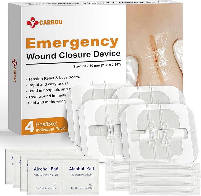 Carbou Emergency Wound Closure Strips - 4 Pcs - Zip Stitch Butterfly Bandaids - Laceration Closure Kit - Stitchless & Easy to Use