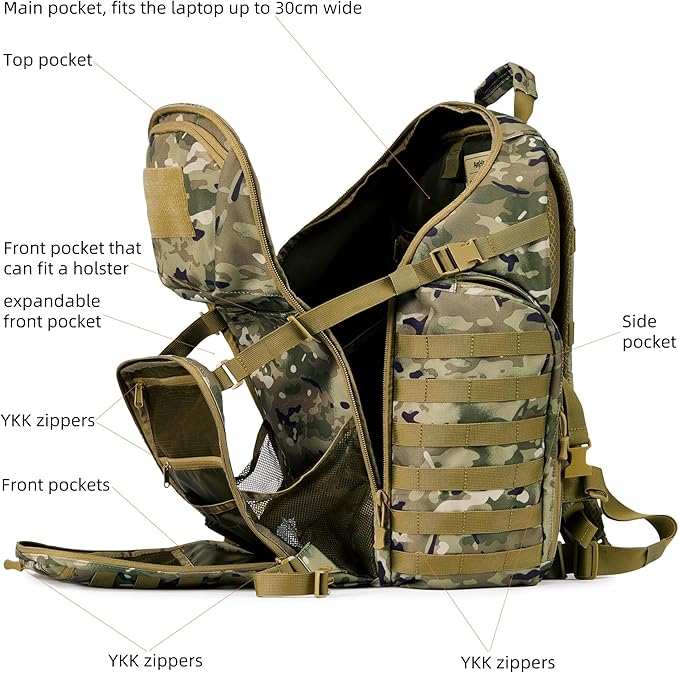 Large Tactical Backpack Military Army Daypack 3 Day Assault Pack Molle Rucksack Heavy Survival Bugout Emergency Bag 52L (Camo)