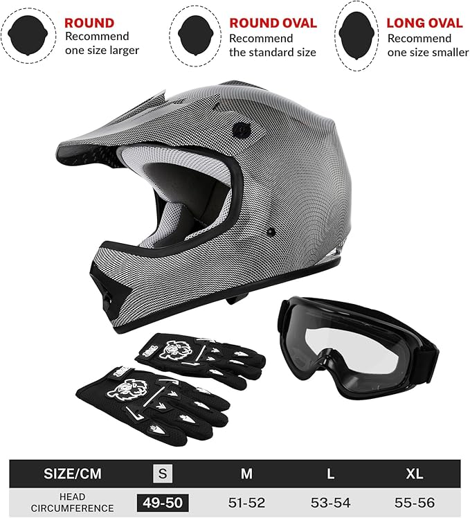 TCT-MOTORPARTS DOT Youth Kids Motocross ATV Helmets Offroad Street Dirt Bike Go-Kart BMX MX Full Face Helmet Carbon Fiber Samll Size