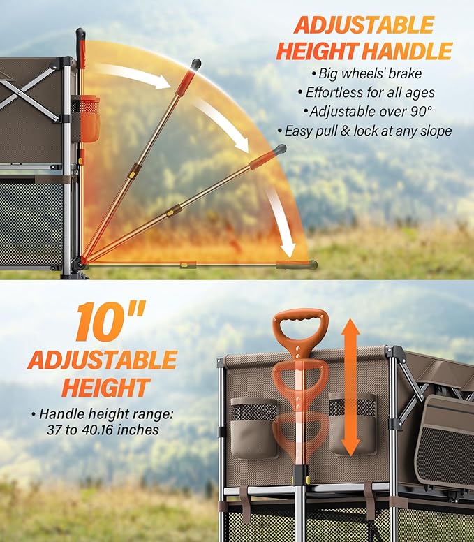 Collapsible Wagon Double Decker,WagonsCarts Foldable,Heavy DutyWagon Camping Sports Garden Grocery,UtilityWagon for All Terrain Brown